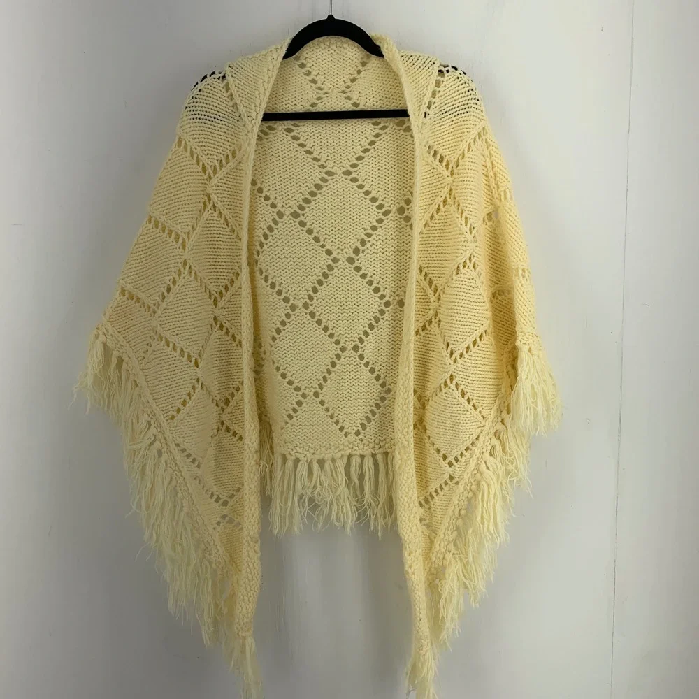 Vtg Handmade Crochet Knit Diamond Pattern Fringe Shawl Poncho Hippie Boho Granny